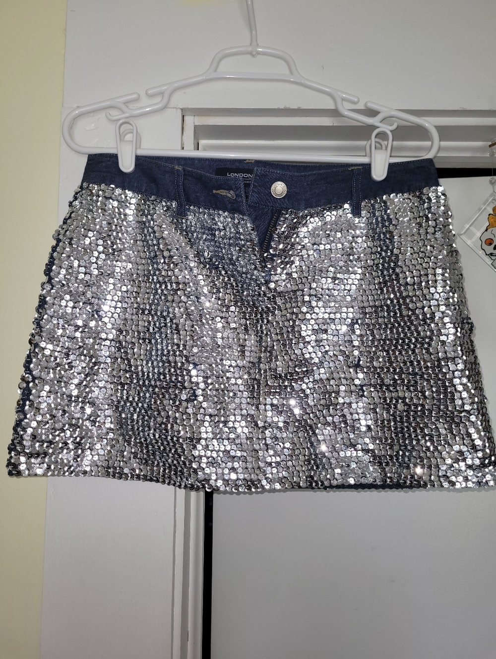 Vintage LONDONJEAN Silver Sequin Mini Skirt with Denim Waistband